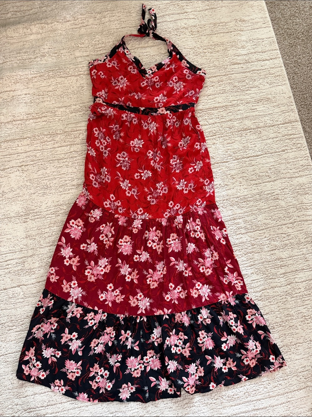 LOFT Red and Black Floral Halter Maxi Dress 8